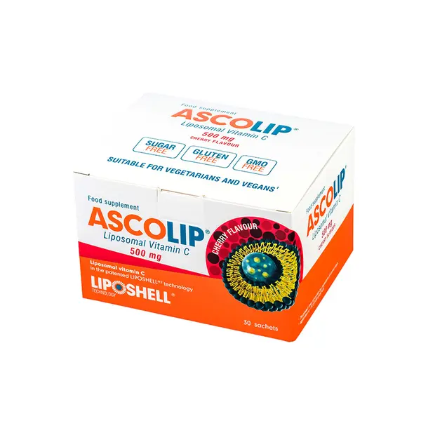 ASCOLIP, Vitamina C Lipozomală 500 mg, cu aromă de cireșe, 30 plicuri, LIPOSHELL®