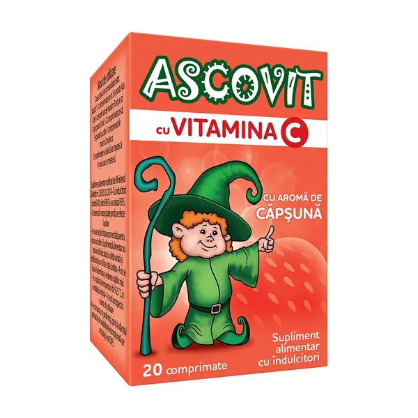Ascovit cu vitamina C cu aroma de capsuni, 100 mg, Omega Pharm | 20 comprimate
