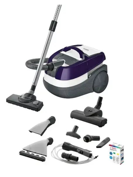 Aspirator cu spalare Bosch AquaWash&Clean BWD41740, 1700 W, 5 l, filtru Epa, perie parchet (Alb/Mov)