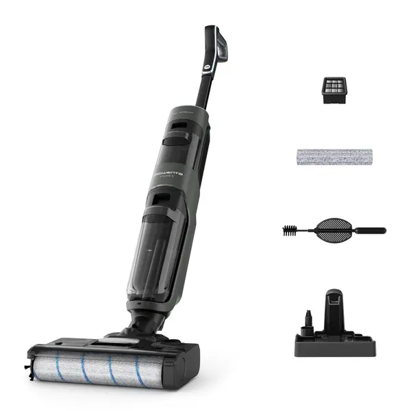 Aspirator cu spalare Rowenta X-Clean 4 GZ5035WO, 200 W, 425 RPM, ecran LED, functie autocuratare, pana la 50 min autonomie, baza de incarcare, nivel scazut de zgomot, gri & negru