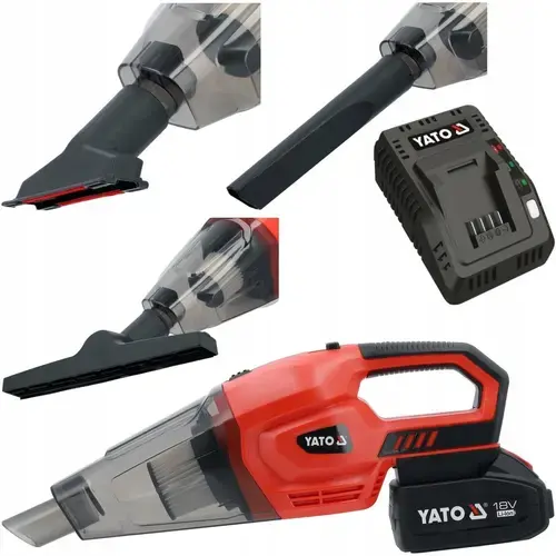 Aspirator fara fir YATO YT-85682, 18V, 9 kPa, 4Ah, set cu 2 tuburi extensoare, accesorii pentru curatare auto si tapiserie, 1 kg