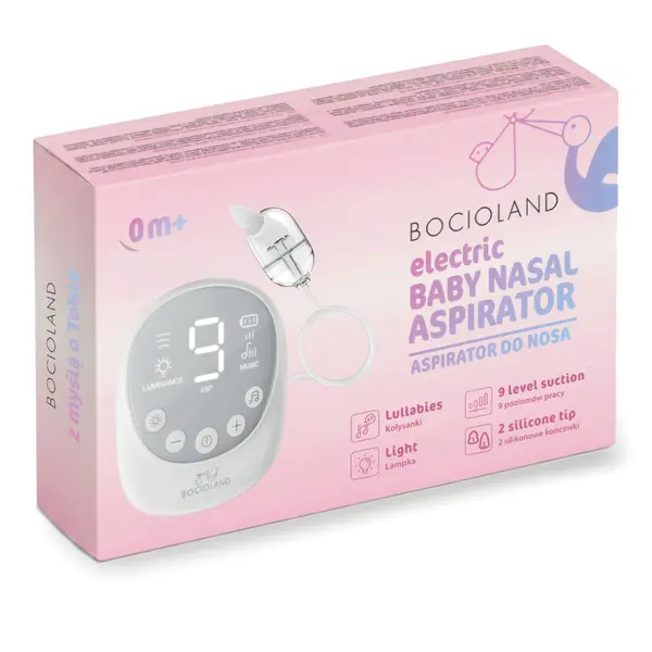 Aspirator nazal electric Bocioland Alb cu 9 nivele de aspiratie,lumina led incorporata ,melodii calmante,incarcare cu USB-C, acumulator 2500Ah, 2 capete de aspirare din silicon, recomandat de la 0luni