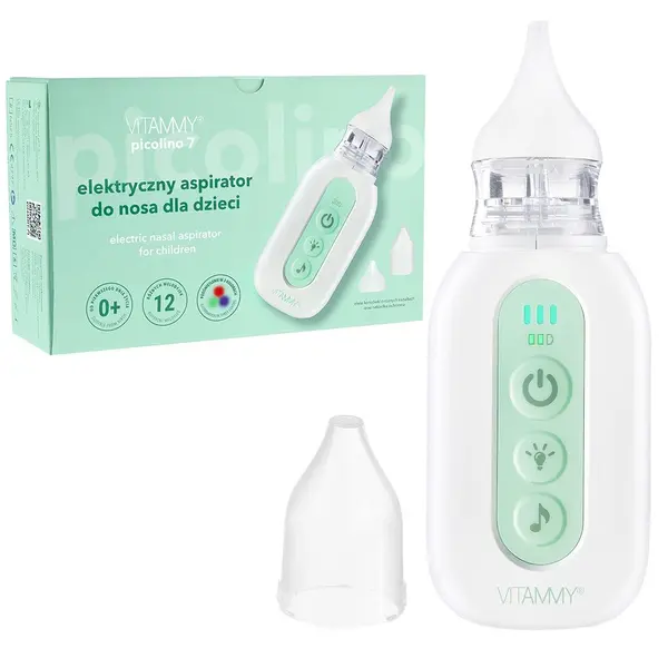 Aspirator nazal electric pentru copii din prima zi de viata Vitammy Picolino 7 cu 2 capete de schimb, 3 niveluri de putere, 12 melodii, iluminare colorata si incarcare USB-C