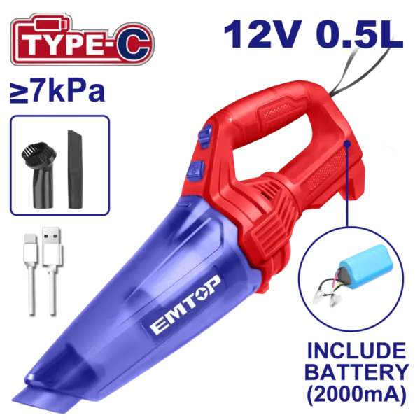 Aspirator portabil cu baterie 2000mA, incarcare prin cablu tip C - ELVC2026, EMTOP