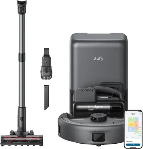 Aspirator robot eufy E20 3-in-1, 8.000Pa, Statie Auto-Golire, Sistem Filtrare cu 5 nivele, 1500 mp, Autonomie 180 minute, Recipient 3 l (Negru)