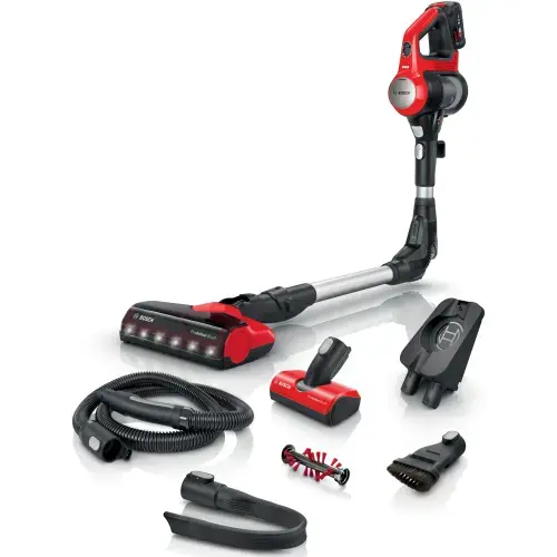 Aspirator vertical Bosch Unlimited 7 ProAnimal BBS711ANM, 18V, Autonomie 40 min, 3 trepte de putere, 0.4 L, Perie ProAnimal cu LED-uri, motor TurboSpin, tija flexibila, functie Quick Stand (Negru/Rosu)