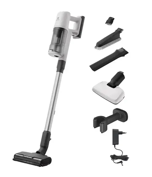 Aspirator vertical Electrolux Seria 600 EP61HB21UV, 21,6V, 2500 mAh, Recipient 0,5l, tub inox, perie PowerPro multisuprafete cu LED, duza BedPro cu lumina UV, 79 dB, Autonomie max 50 minute (Alb)