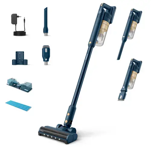 Aspirator vertical Philips XC5043/01 Seria 5000, 25.2 V, Modul Aqua, Autonomie 60 min, Motor digital, Filtrare in 3 etape (Albastru/Galben)