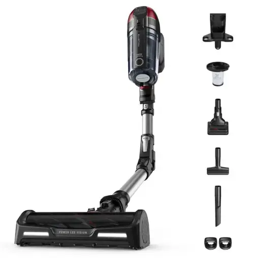Aspirator vertical Rowenta X-Force Flex 12.60 RH98A7WO, 320W, 25.2V, capacitate praf 0.9L, autonomie 45 minute, perie animal turbo, Gri/Rosu