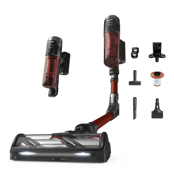 Aspirator vertical Rowenta X-Force Flex 13.60 RH9A73WO, 380 W, 150 air watts, autonomie pana la 60 minute, recipient praf 0.65L, functie boost, perie cu iluminare LED, tub flex, rosu & negru