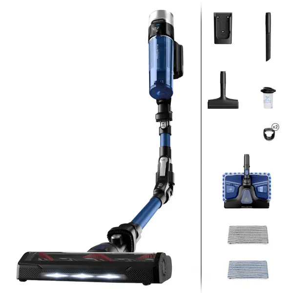 Aspirator vertical Rowenta X-Force Flex 9.60 Aqua RH20C4WO, 250 W, 100 air watts, 3 trepte putere, functie boost, perie cu iluminare LED, autonomie pana la 45 minute, Negru/Albastru