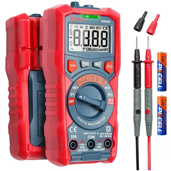 AstroAI Multimetru digital AstroAI M4KOR, TRMS 4000, Ohmmetru, Voltmetru 1.5V, 9V, 12V, Masurare fara contact, Lanterna