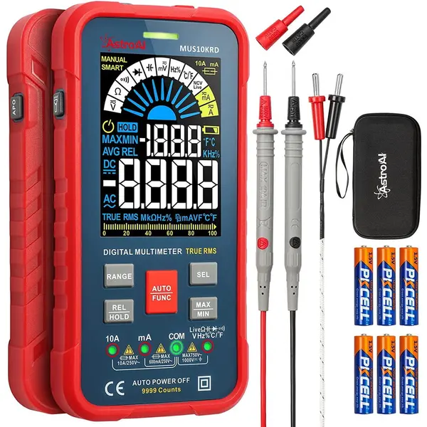 AstroAI Multimetru digital AstroAI MUS10KRD, 10000 Counts, Smart Auto, TRMS Auto-Ranging, Display Color, Masurare continuitate, Temperatura, Geanta transport