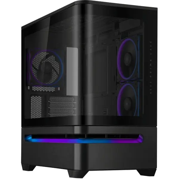 Asus Carcasa Asus AP202 Small Tower ARGB NEGRU, Tempered Glass, Sloturi Expansiune 4, Drive Bays: 2x2.5/3.5 Combo, Ventilatoare Suportate: 6 (spate: 1x120mm, sus: 3x120mm sau 2x140mm, lateral: 2x120mm), Ventilatoare Incluse: 3 (spate: 1x120mm, lateral:2x