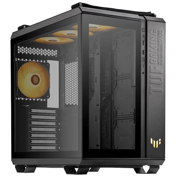Asus Carcasa Asus TUF Gaming GT502 PLUS aRGB Tempered Glass neagra, SECC Steel ATX Mid Tower, 4 ventilatoare incluse, fara sursa