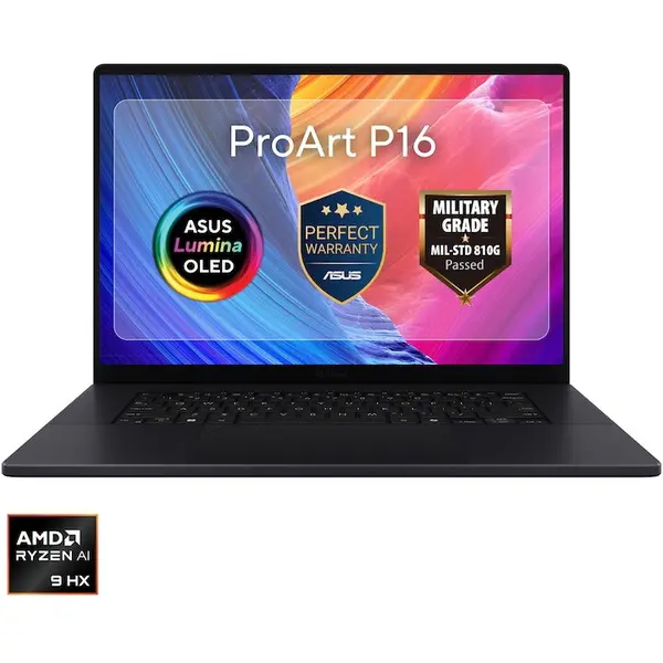 Asus Laptop ASUS ProArt P16 H7606WX, procesor AMD Ryzen™ AI 9 HX 370 pana la 5.10GHz, 16 4K, OLED, Touch, 120Hz, 64GB LPDDR5X RAM, 4TB SSD, NVIDIA GeForce RTX 5090 24GB, Windows 11 Pro, Negru