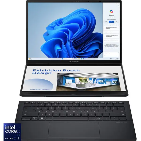 Asus Laptop ASUS Zenbook Duo, UX8406CA-QL118X, Procesor Intel® Core™ Ultra 7 255H, Processor 255H, Display 14 FHD 1920x1200 OLED, Memorie RAM 32 GB LPDDR5x, Capacitate 1 TB SSD M.2, Placa video integrata Intel® Arc™, Windows 11 Pro, Gri inchis (INT Key