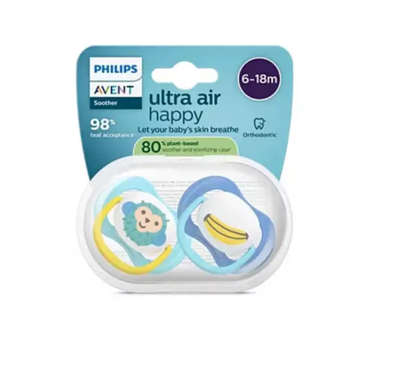 Avent SCF080/26 Suzete Ultra Air Happy Pacifier 6 -18 luni maimuta/banana 2 bucati