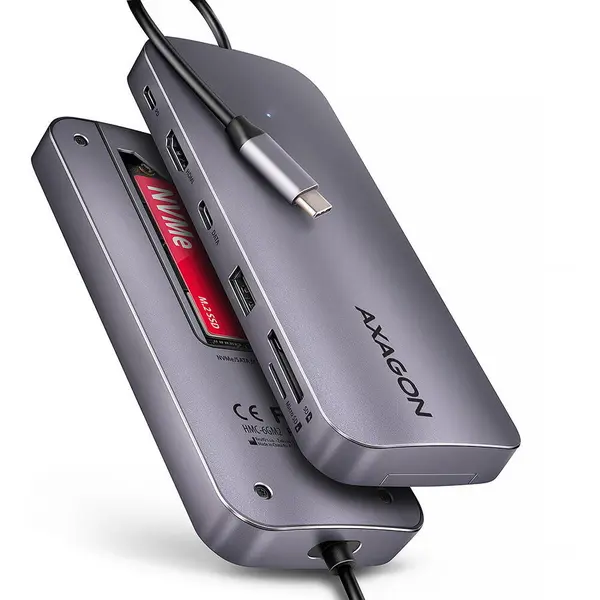 AXAGON Hub USB Axagon HMC-6GM2, USB-C 3.2 Gen 2, USB-A, M.2 SATA/NVMe, HDMI, PD 100W, Gri metalizat