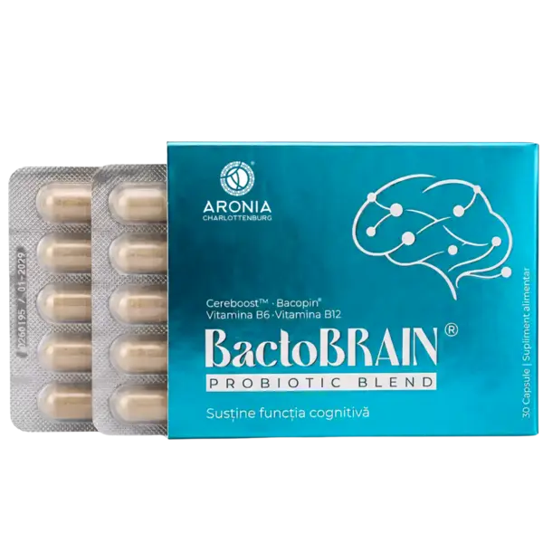 BactoBRAIN® — formulă premium care susține funcțiile cognitive, sistemul nervos și axa intestin-creier, cu probiotice, prebiotice, plante premium și vitamine