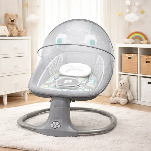 Balansoar copii 3 in 1, Electric, cu Plasa Tantari, Perna Detasabila, Jucarii, USB, Bluetooth, Telecomanda, 0-3 ani, Gri