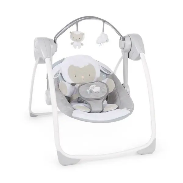 Balansoar electric bebelusi, Ingenuity, Comfort 2 Go, Cuddle Lamb, 2 pozitii inclinare, 12 melodii, Temporizator 30/45/60 min, Centura siguranta 5 puncte, Pliabil pentru calatorii, Fara BPA, 0-9 luni, Alb/Bej