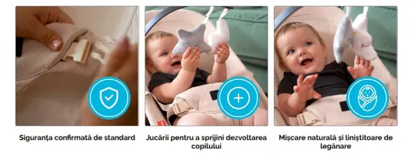 Balansoar ergonomic pentru copii Kidnort Moln Bej, cu centura de siguranta, bara cu jucarii detasabila, spatar ajustabil, pliabil si usor de transportat