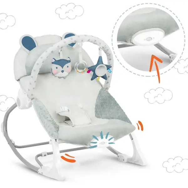 Balansoar multifunctional cu vibratii Ricokids Grey cu pernuta detasabila,arcada cu jucarii fosnaitoare,husa detasabila,baza antiderapanta si centuri de siguranta,pana la 18 kg