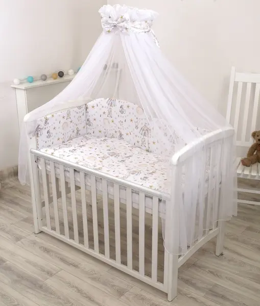 Baldachin din tul Amy cu funda din bumbac imprimeu lenjerie Circ blue 300x160 cm Suport de prindere inclus 153h cm