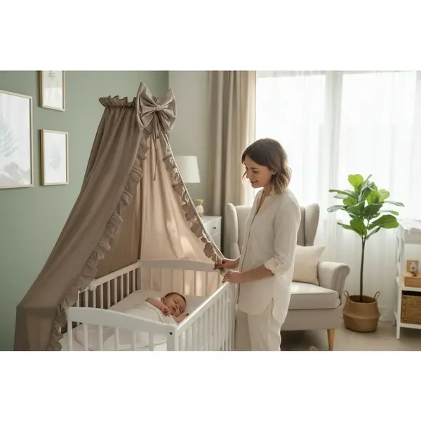 Baldachin pentru patut MimiNu cu funda si volanas 210x145 cm Colectia Royal Mocha