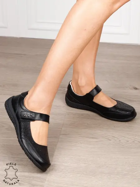 Balerini dama din Piele Naturala cu inchidere velcro CRL1548 NEGRU