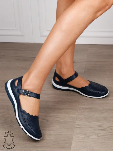 Balerini dama din Piele Naturala cu inchidere velcro si catarama CRL1549 NAVY