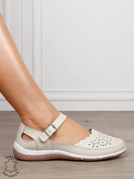 Balerini dama din Piele Naturala cu inchidere velcro si catarama CRL1549 BEJ