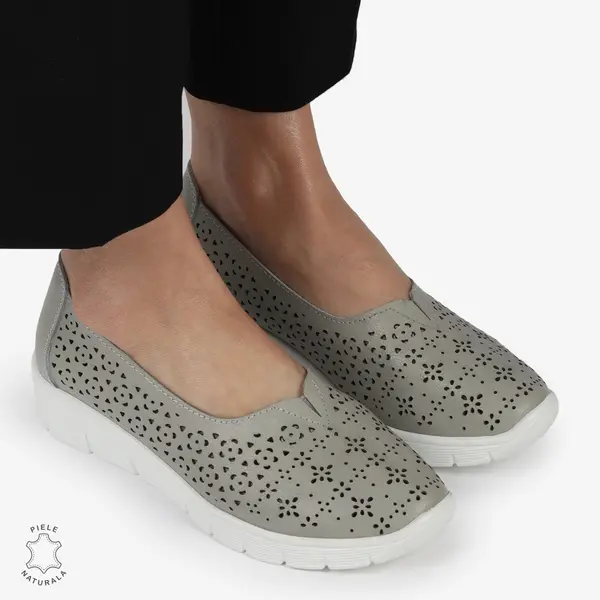 Balerini dama din Piele Naturala CU MICI PERFORATI CRL1416 GRI