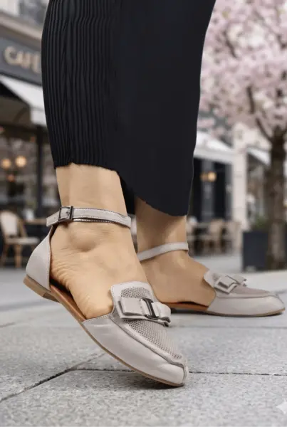 Balerini Decupati din Piele cu Accesoriu - HETY GREY
