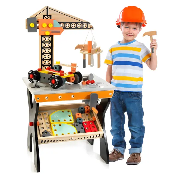 Banc de lucru Ecotoys, lemn, multiple elemente, multicolor KID003877, la doar 287,00 lei