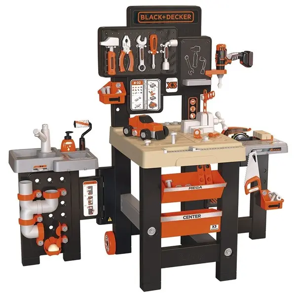 Banc de lucru, Smoby, Black+Decker, Cu diverse unelte si elemente de bricolaj, Pliabil, 56 x 34 x 103 cm, 36 luni+, Multicolor
