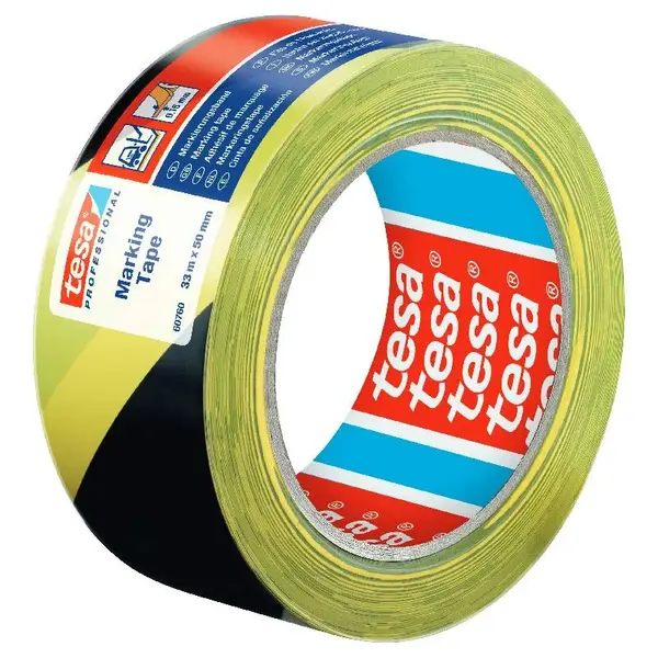 Banda adeziva marcare galben/negru PVC 50 mm x 33 m Banda adeziva marcare 50 mm x 33 m galben/negru 60760 Tesa