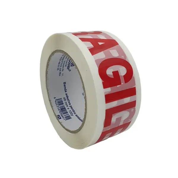 Banda adeziva pentru ambalare FRAGIL, 48 mm x 100 yarzi, alba