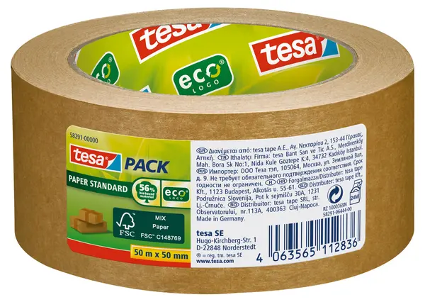 Bandă de ambalare din hârtie Tesa – Paper Standard Eco, 50 m x 50 mm, maro