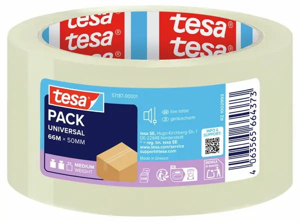 Bandă de ambalare Tesa – Pack Universal, silențioasă, 66 m x 50 mm, transparentă