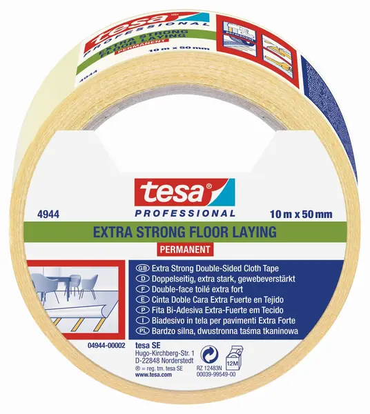 Bandă dublu adezivă Tesa - Extra Strong,pentru pardoseli, 10 m x 50 mm, alba