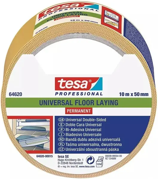 Bandă dublu adezivă Tesa - Universal, pentru pardoseli, 10 m x 50 mm, alba