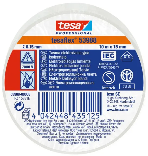 Bandă izolatoare Tesa - Alb, 15 mm х 10 m