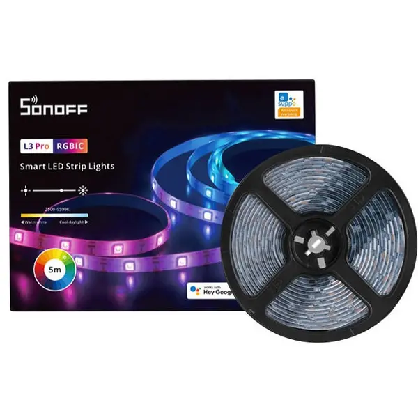 Banda LED Sonoff Wifi RGBIC L3-Pro, 5m, smart, bluetooth, sincronizare muzica, 30 LED/m, alimentare USB 6920075777345