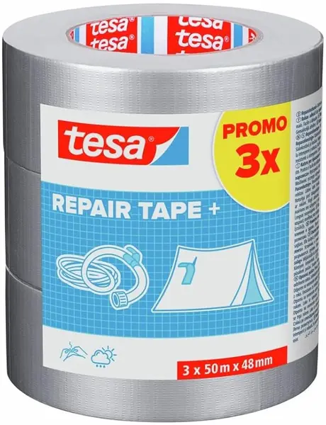 Bandă universală pentru hobby Tesa – Repair Tape+, 50 m x 48 mm, gri, 3 bucăți