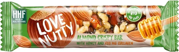 Bar crocant cu migdale, miere și colagen, 40 g, Love Nutty