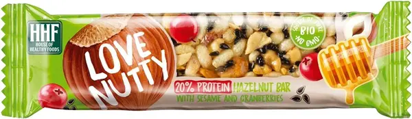 Bar proteic cu alune de pădure, susan negru și afine, 40 g, Love Nutty