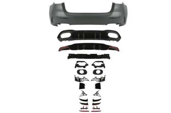 Bara (AMG STYLING, cu suporturi de montare; cu lamele; cu robinet, cu orificii pentru senzori de parcare, grunduit, cu un decupaj pentru teava de evacuare: 2) potrivit MERCEDES A-KLASA W177 Hatchback