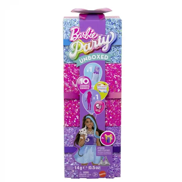 BARBIE SET PARTY UNBOXED REVEAL PAPUSA BARBIE VIOLET CU 10 ACCESORII SURPRIZA